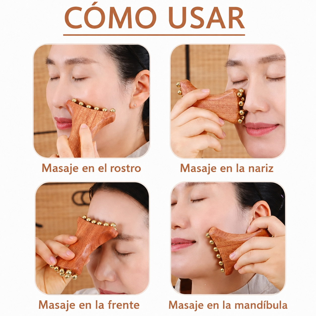 Massageador Facial de Madeira com Esferas Metálicas → Masajeador Facial de Madera con Esferas Metálicas