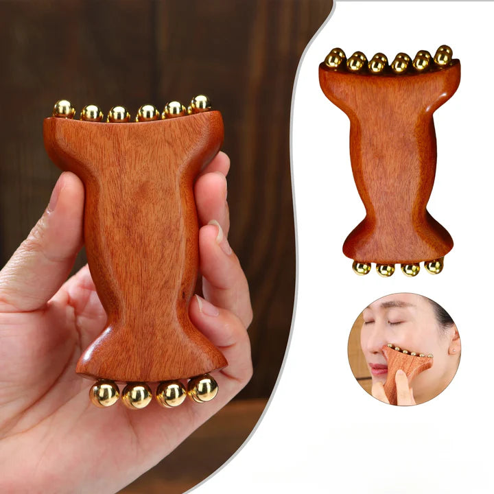 Massageador Facial de Madeira com Esferas Metálicas → Masajeador Facial de Madera con Esferas Metálicas